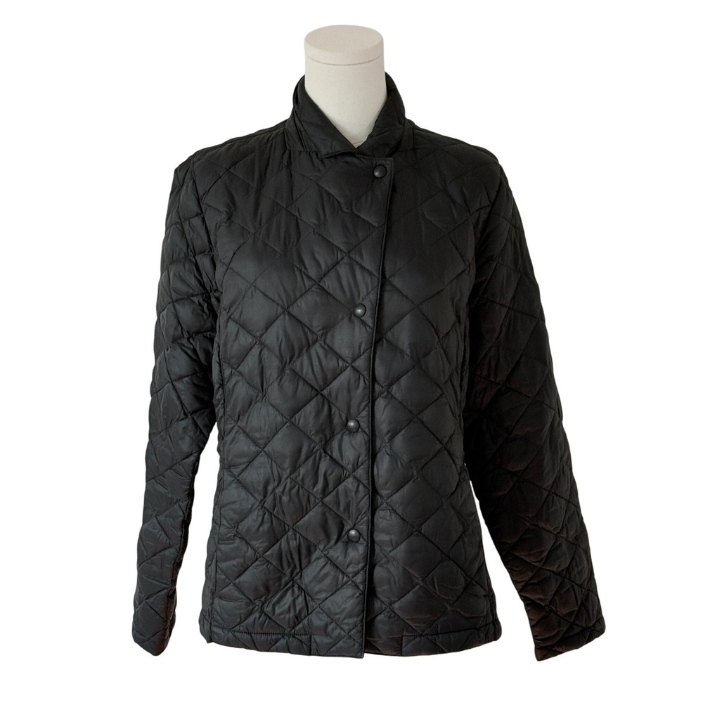 LL Bean Quilted Jacket Black Snap Front Lightweight Coat Womens M PET